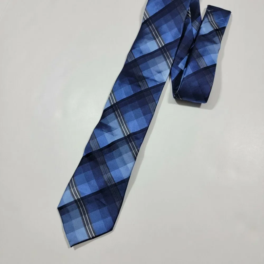 Calvin Klein Neck Tie -‎ Plaid - Navy Blue - Silk - NEW
